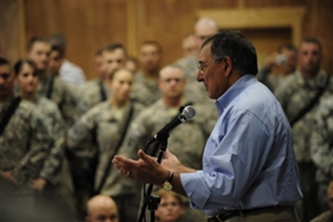 Secretary of Defense Leon E. Panetta speaks to troops at Camp Victory, Iraq, on July 11, 2011.  