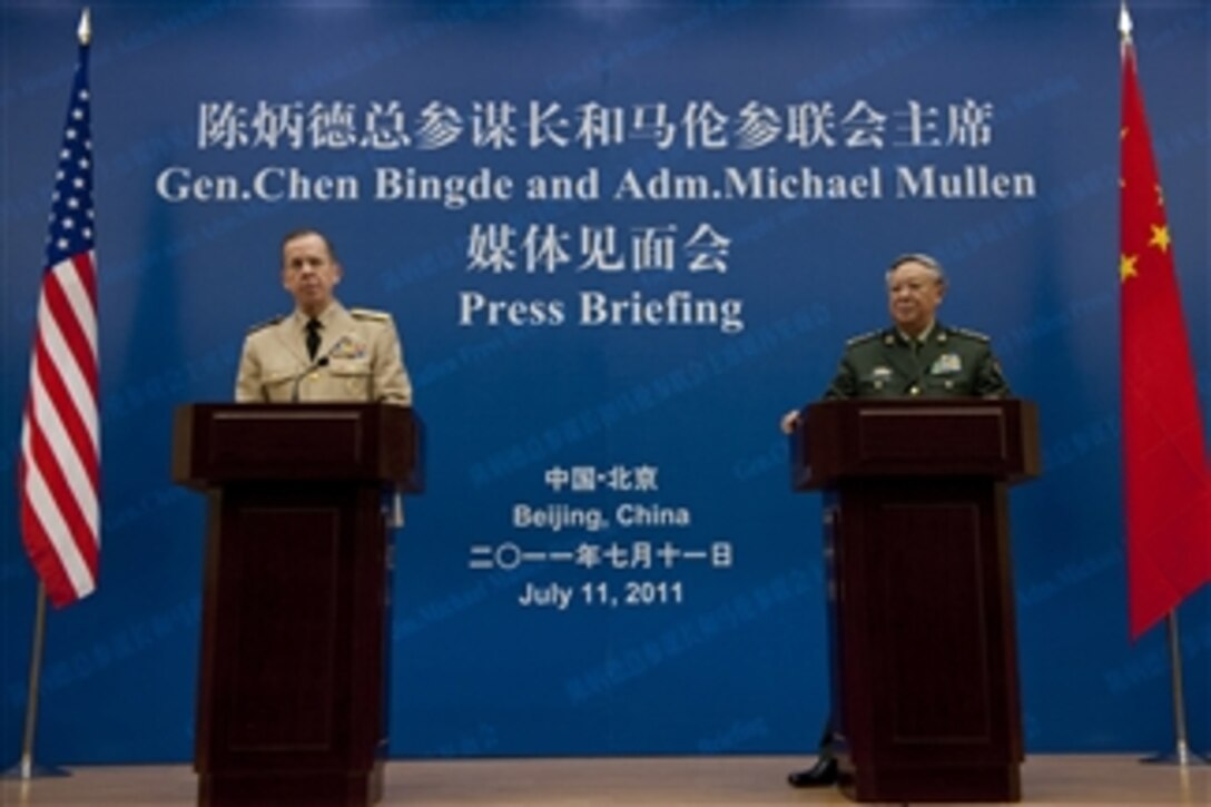 Chairman of the Joint Chiefs of Staff Adm. Mike Mullen and Chief of the Peoples Liberation Army's General Staff Gen. Chen Bingde address the media during a press briefing in Beijing, China, on July 11, 2011.  Mullen is on a three-day trip to the country meeting with counterparts and Chinese leaders.  