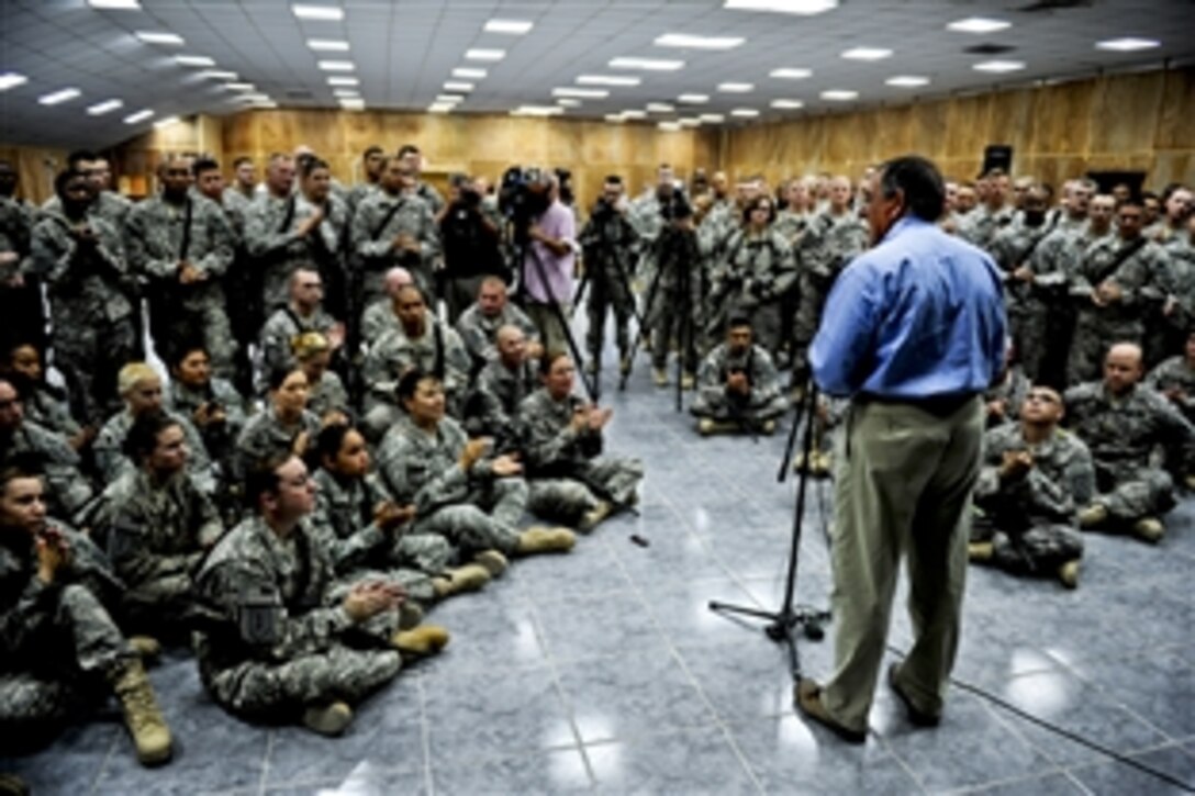 U.S. Defense Secretary Leon E. Panetta speaks to troops at Camp Victory, Iraq, July 11, 2011.