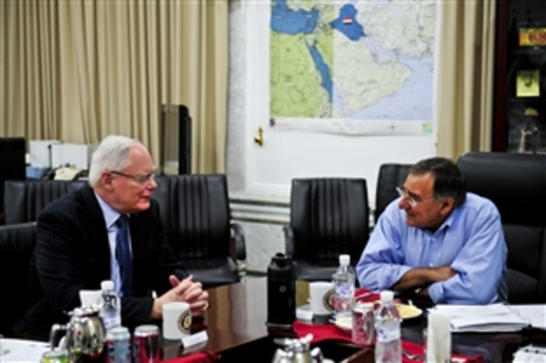 U.S. Defense Secretary Leon E. Panetta meets with U.S. Ambassador to Iraq James F. Jeffrey at Camp Victory, Iraq, July 11, 2011.