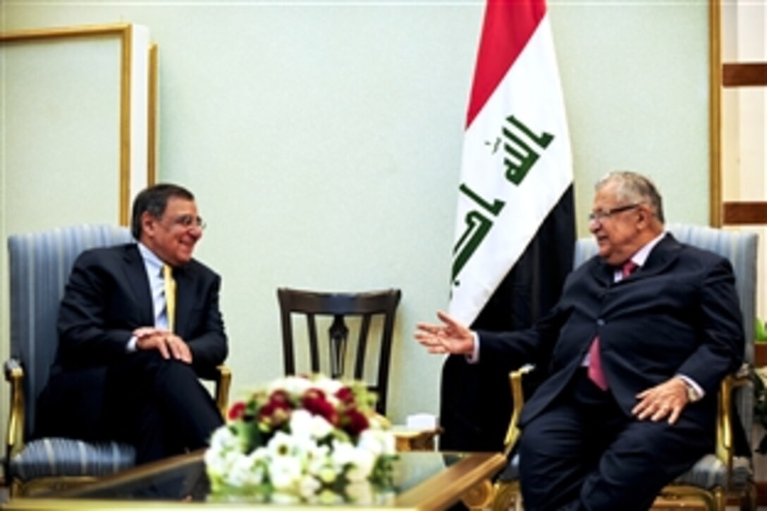 U.S. Defense Secretary Leon E. Panetta meets with Iraqi President Jalal Talabani in Baghdad, July 11, 2011.