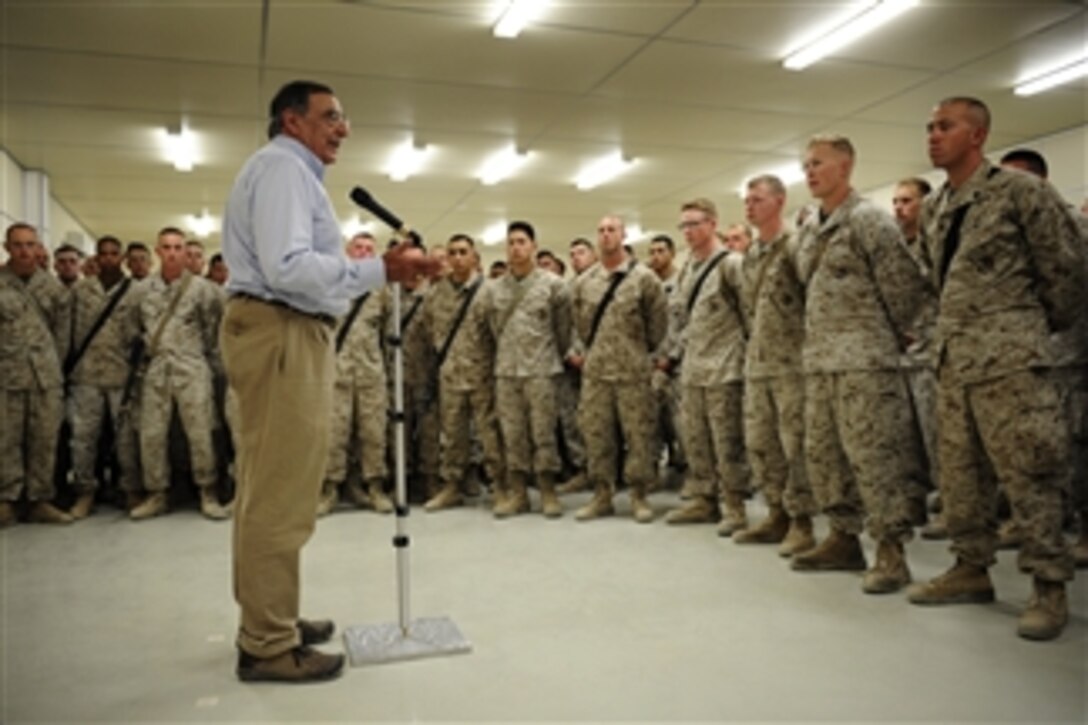 Secretary of Defense Leon E. Panetta speaks to U.S. Marines assigned to Combat Logistics Battalion-7 at Camp Dwyer, Afghanistan, on July 10, 2011.  