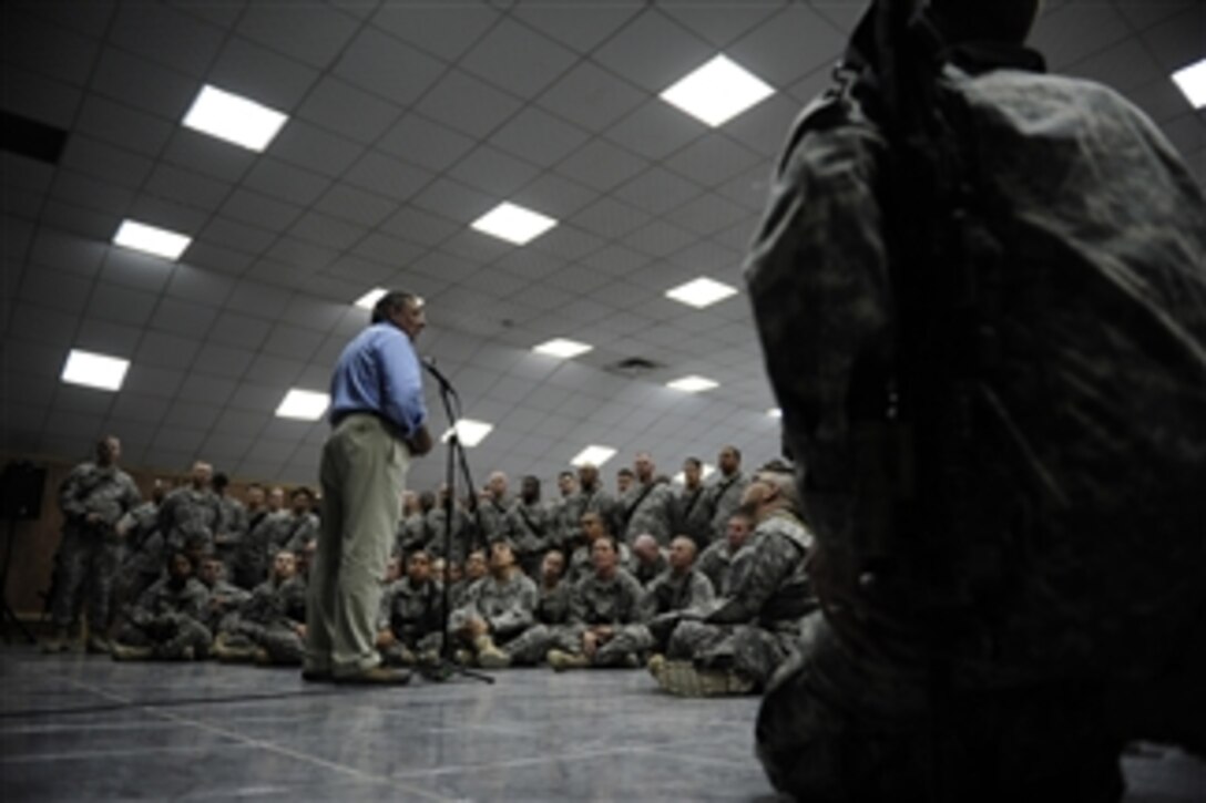 Secretary of Defense Leon E. Panetta speaks to troops at Camp Victory, Iraq, on July 11, 2011.  