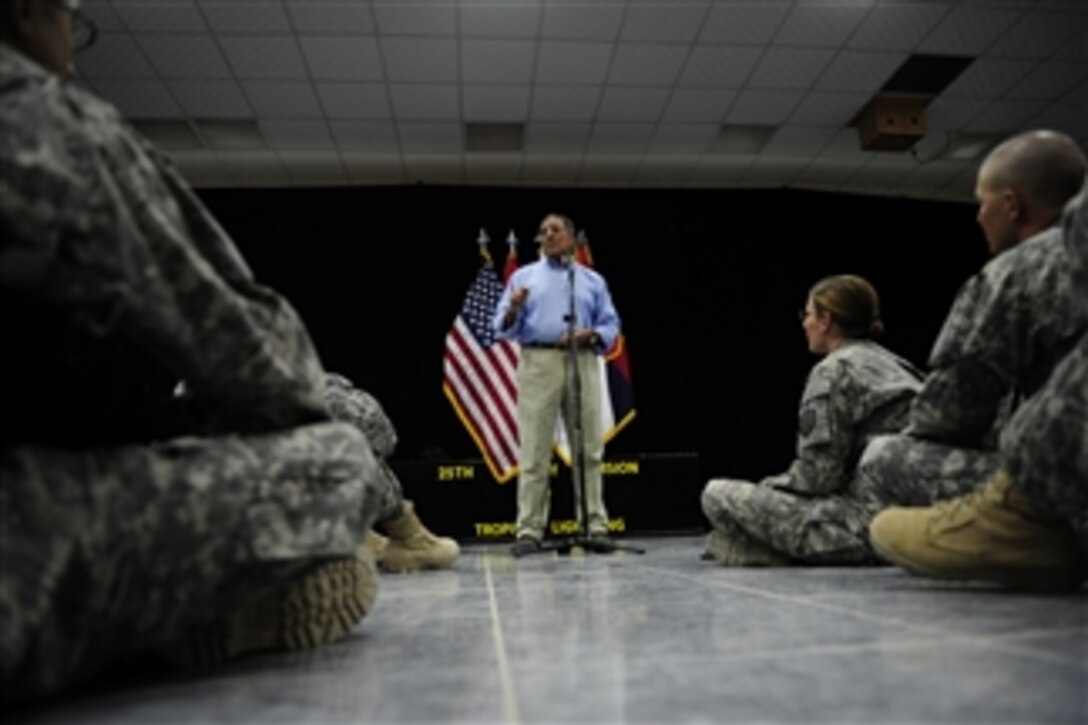 Secretary of Defense Leon E. Panetta speaks to troops at Camp Victory, Iraq, on July 11, 2011.  