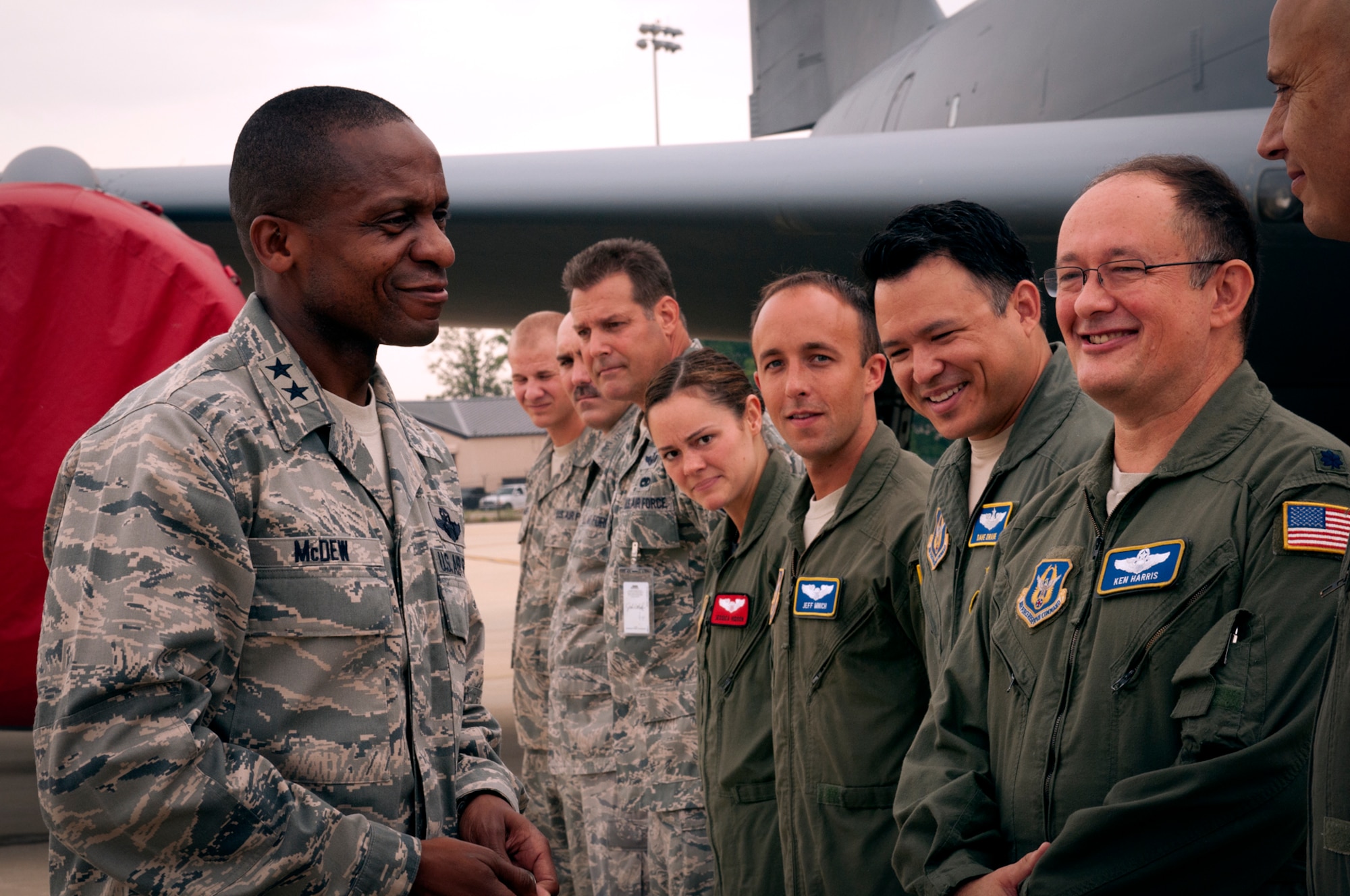 JOINT BASE ANDREWS, Md. -- Maj. Gen. Darren W. McDew, Air Force District of Washington commander, thanks 459th Air Refueling Wing aircrew and maintenance specialists on the flightline here July 6, 2011. The Reserve Airmen were being recognized for supporting a KC-135 Stratotanker airlift of inspectors for a recent Unit Compliance Inspection performed on the host active-duty Air Force wings here in June. (U.S. Air Force photo/Tech. Sgt. Steve Lewis).