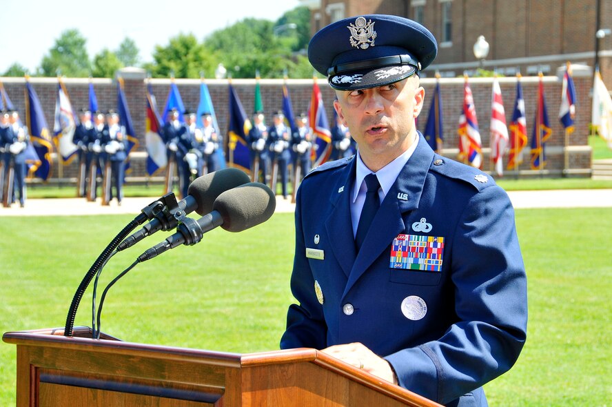 Lt. Col. Kenneth A. Marentette, U.S. Air Force Honor Guard commander, provides remarks to the audience durning the  change of command ceremony July 12,  on the on the ceremonial lawn  at Joint Base Anacostia-Bolling, D.C. Marentette assumed command from Lt. Col. Raymond Powell. The ceremony was hosted by Col. Gina M. Humble, 11th Operations Group commander. (U.S. Air Force photo by Senior Airman Steele C. G. Britton)