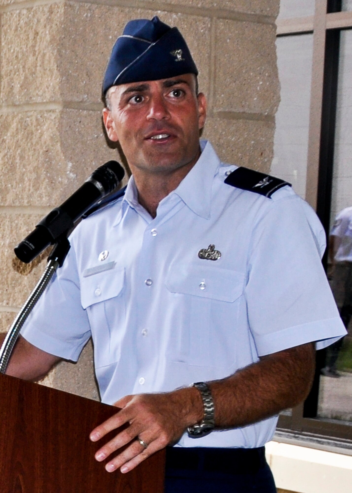 Col. Sal Nodjomian, the 96th Air Base Wing commander, delivers opening remarks at the grand opening of the Eglin Field House July 11.  Nodjomian past his one-year mark as commander July 8.  He said the wing's biggest accomplishment was setting up the Base Closure and Realignment Commission initiatives to meet the Sept deadline.  (U.S. Air Force photo/Kevin Gaddie)