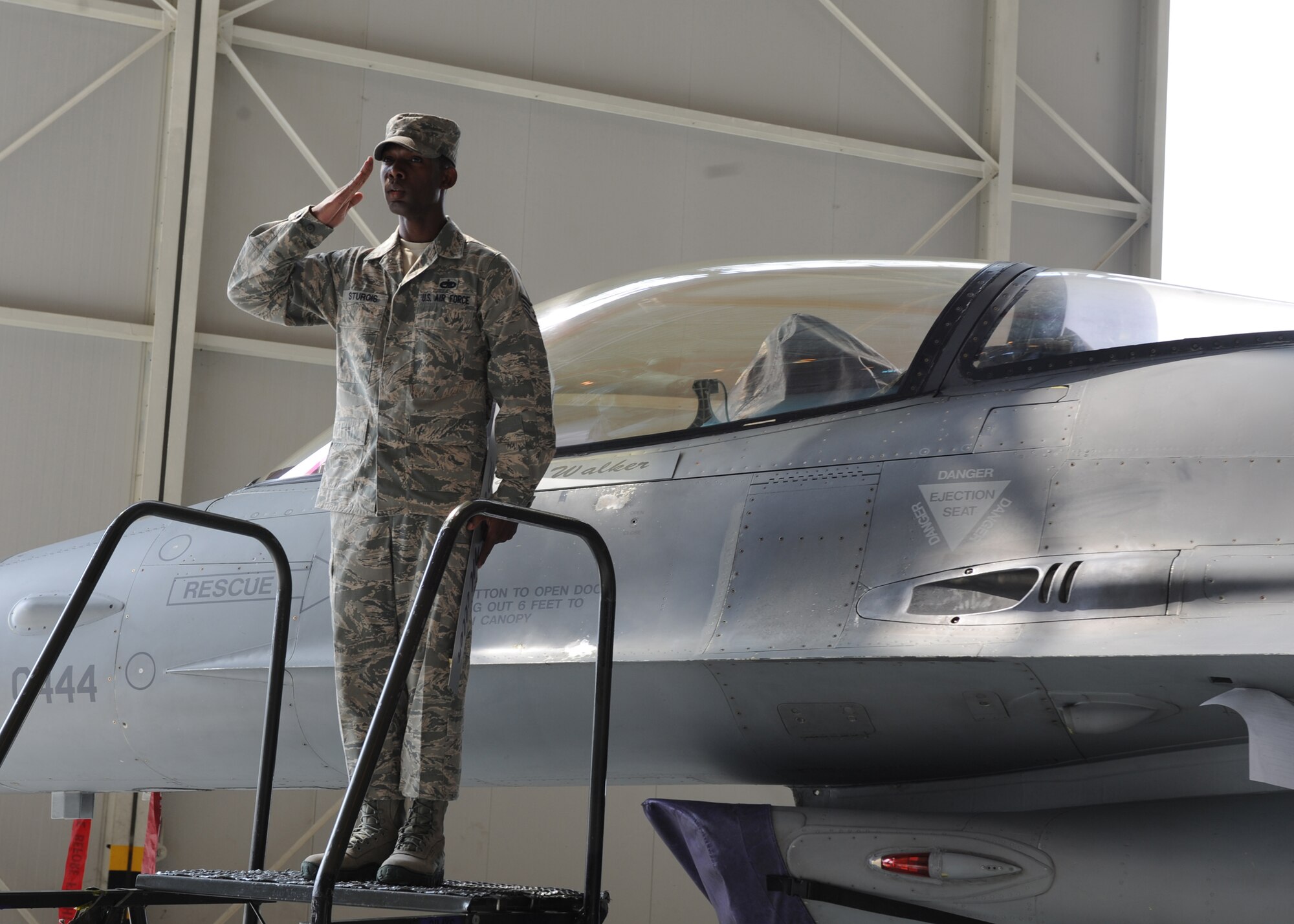 Staff Sgt. James Sturgis, 31st Aircraft Maintenance Squadron dedicated crew chief, salutes Col. David W. Walker, 31st Operations Group commander, after unveiling his name on the group flagship during the 31st OG change of command ceremony July 7 at Aviano Air Base, Italy. Walker took command of the 31st OG from Col. Patrick J. S. Miller. (U.S. Air Force photo/ Staff Sgt. Nadine Y. Barclay)