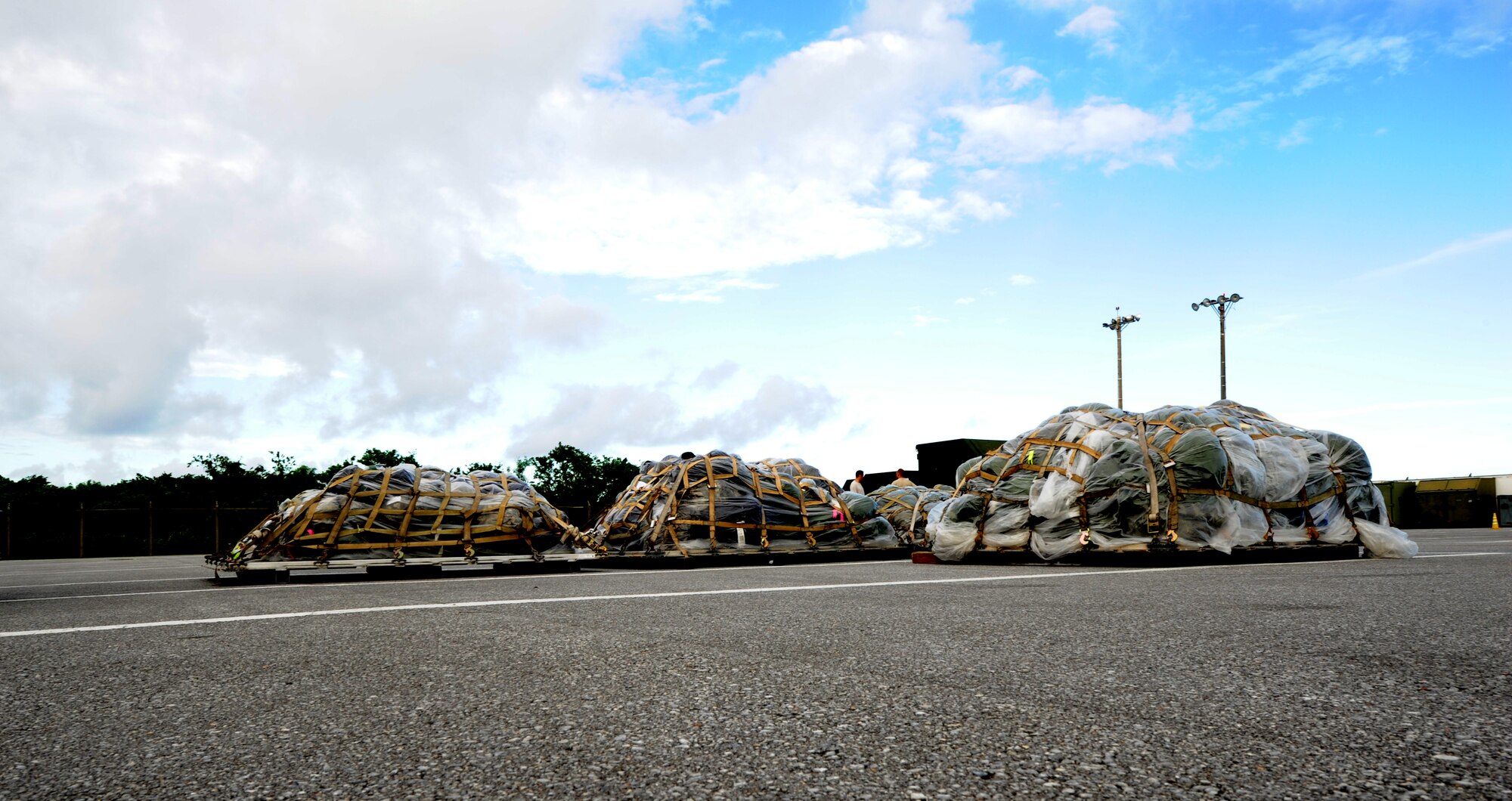Cargo pallets await shipment July 12 during Beverly High 11-5, a Local Operational Readiness Exercise at Kadena Air Base, Japan. The 18th Wing is participating in the LORE July 11-13 to test the readiness of Kadena Airmen.  (U.S. Air Force photo/Airman 1st Class Jarvie Z. Wallace) 
