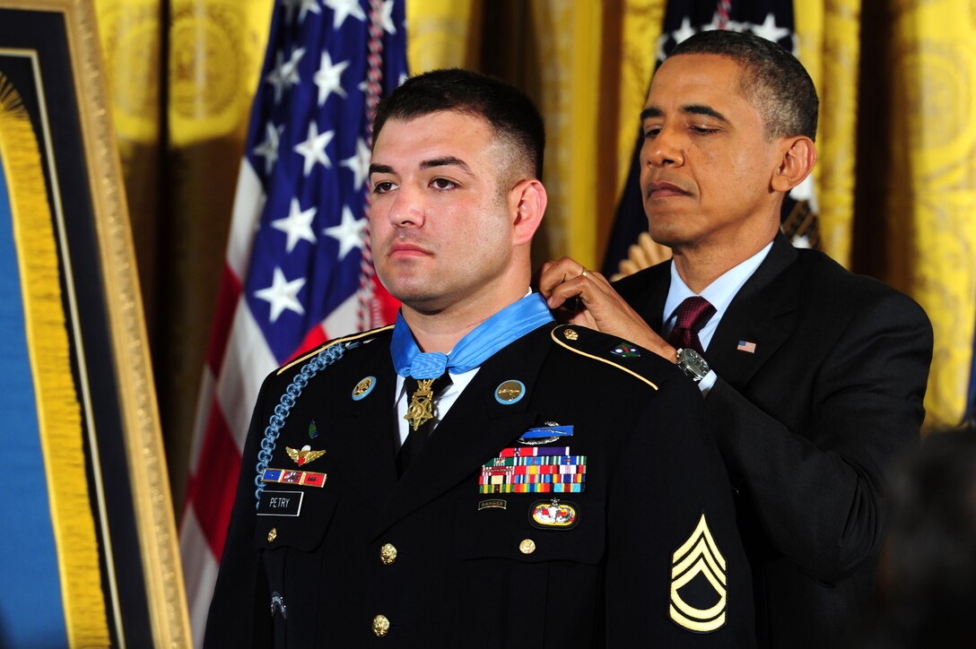 President Barack Obama awards the Medal of Honor to Army Sgt. 1st Class Leroy Arthur Petry at the White House in Washington, D.C. on July 12, 2011. 