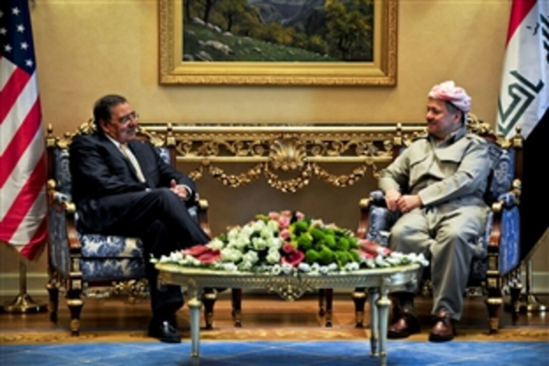 U.S. Defense Secretary Leon E. Panetta meets with Kurdistan Regional Government President Masoud Barzani in Erbil, Iraq, July 12, 2011.