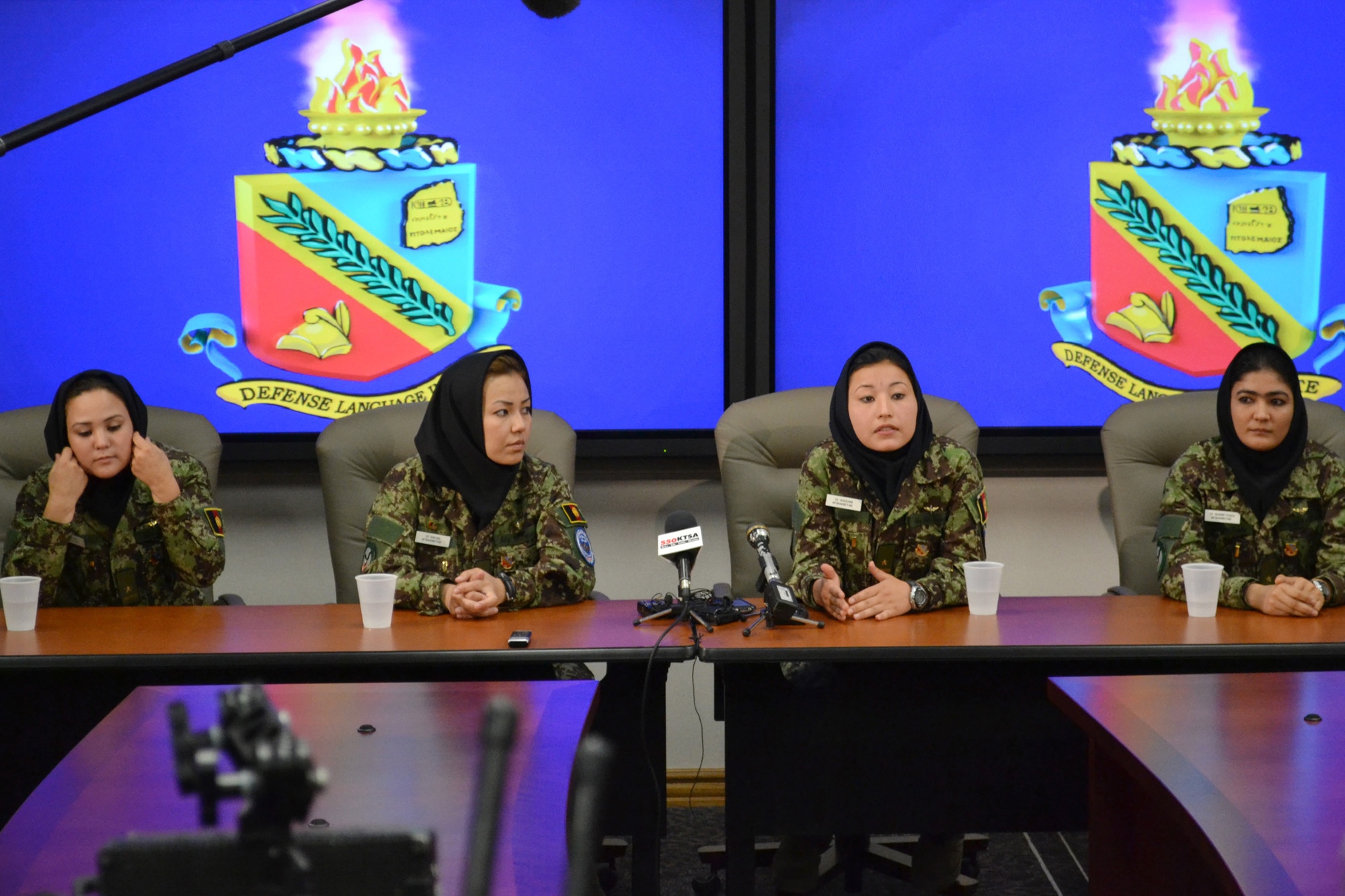 Four Afghan helicopter pilot candidates attend a press conference July 13, 2011, at the Defense Language Institute English Language Center at Lackland Air Force Base, Texas. The women begin their English language studies at the DLIELC, marking a significant milestone in shaping the reconstruction of Afghanistan. (U.S. Air Force photo/Staff Sgt. Desiree N. Palacios)