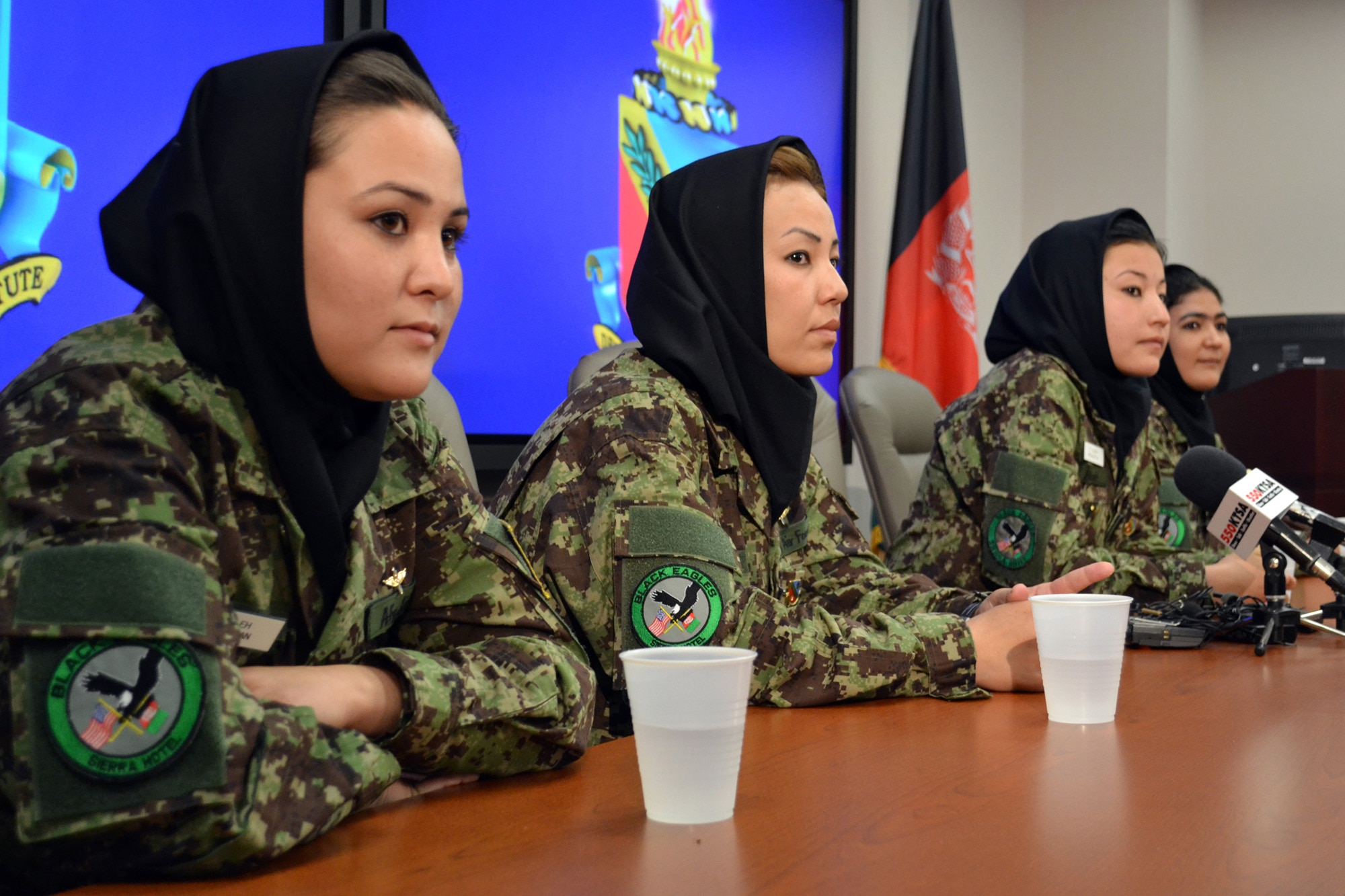 Four Afghan helicopter pilot candidates attend a press conference July 13, 2011, at the Defense Language Institute English Language Center at Lackland Air Force Base, Texas. The women begin their English language studies at the DLIELC, marking a significant milestone in shaping the reconstruction of Afghanistan. (U.S. Air Force photo/Staff Sgt. Desiree N. Palacios)