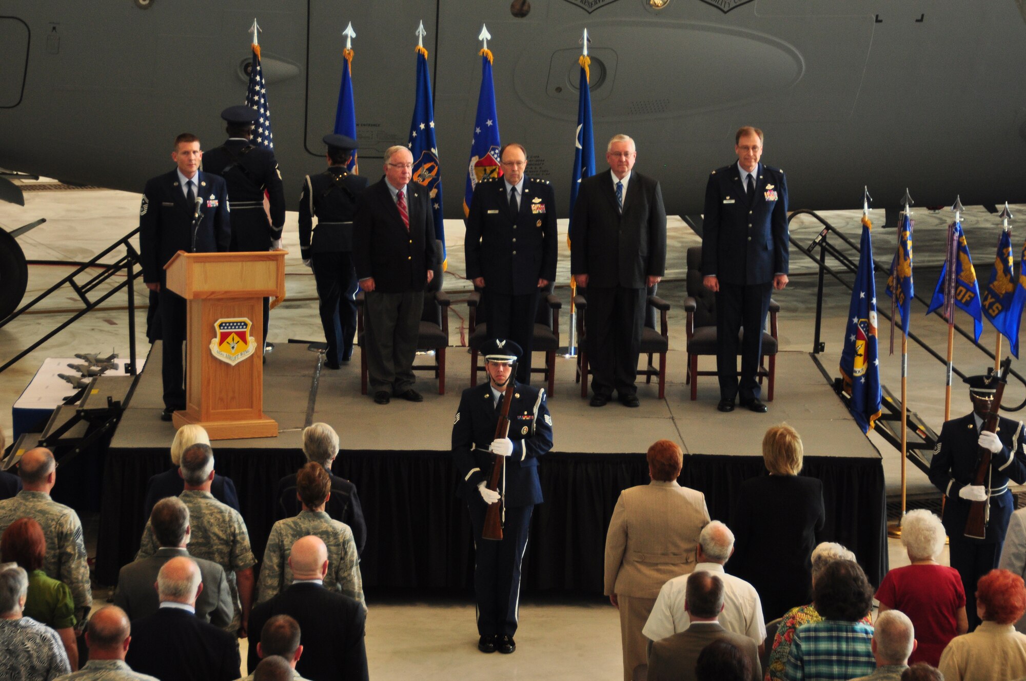 WRIGHT-PATTERSON AIR FORCE BASE, Ohio – More than 600 people attended the 445th Airlift Wing’s C-17 Welcome Ceremony July 9. Featured speakers included David Hobson, former U.S. Representative Ohio’s 7th District, Lt. Gen. Charles Stenner Jr., Air Force Reserve Command commander, retired Brig. Gen. Howard Ingersoll, the Boeing Company representative, and Col. Stephen Goeman, 445th Airlift Wing commander. (U.S. Air Force photo/Senior Airman Mikhail Berlin)