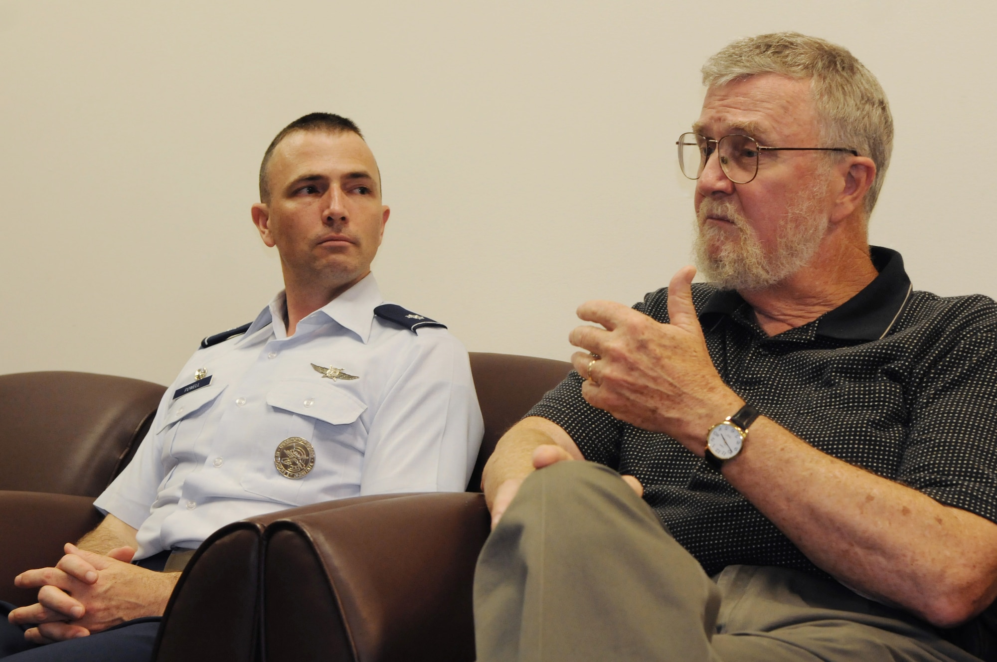 Lt. Col. Raymond Powell and his father Michael Powell discuss Michael's experience during the Freedom Rides of 1961 at Joint Base Anacostia-Bolling, Washington D.C. July 11, 2011. The freedom rides sought to end segregation in the Southern states with non-violent protest. Raymond relinquished command of The U.S. Air Force Honor Guard on July 12, 2011, nearly 50 years after his fathers arrest in Jackson, Miss. 