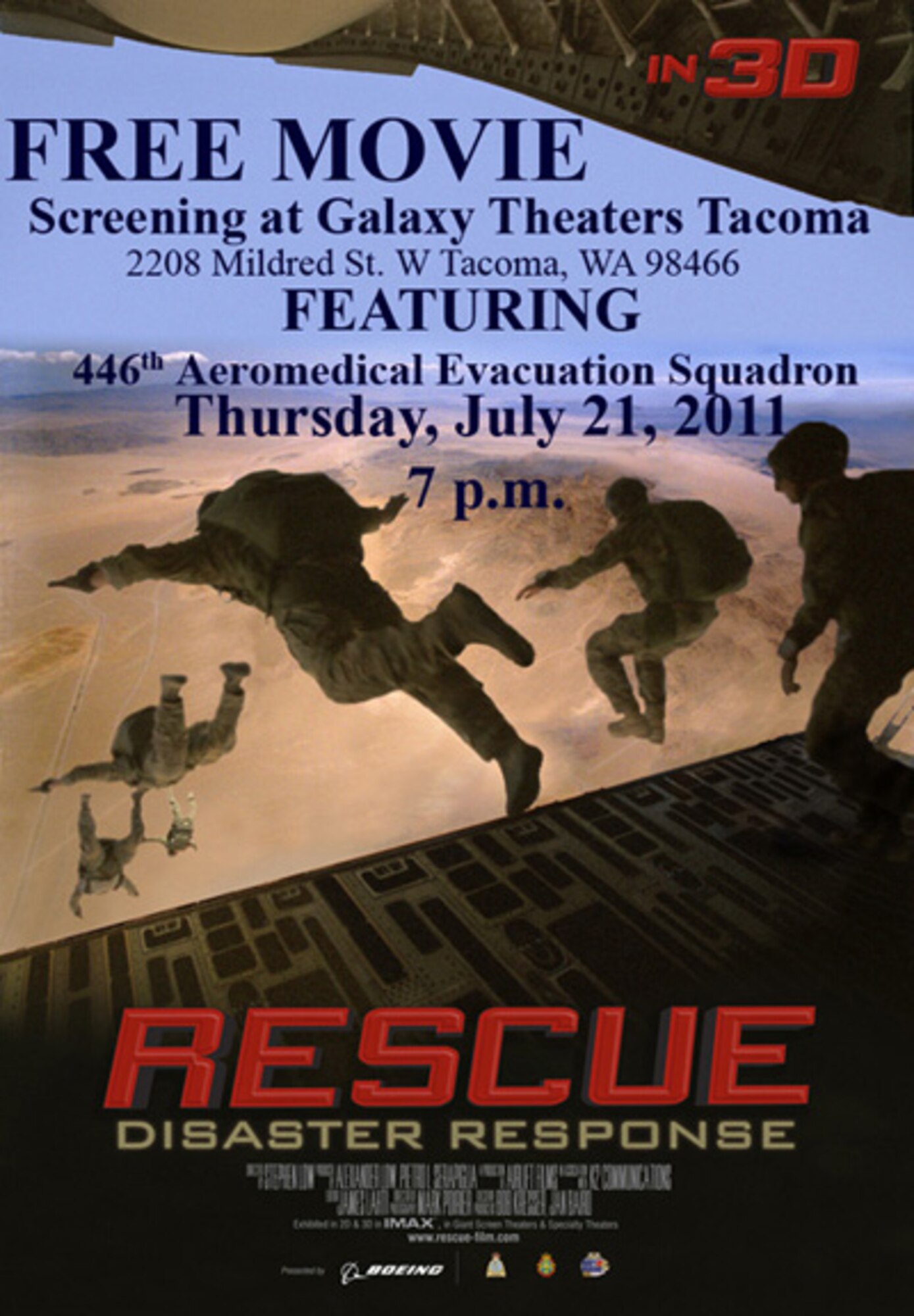 FREE screening of the IMAX film ?Rescue? at the Galaxy Theaters in Tacoma, Wash., on Thursday, July 21 at 7 p.m featuring the 446th Aeromedical Squadron (Illustration by 2nd Lt. Denise Hauser/Courtesy of IMAX)
