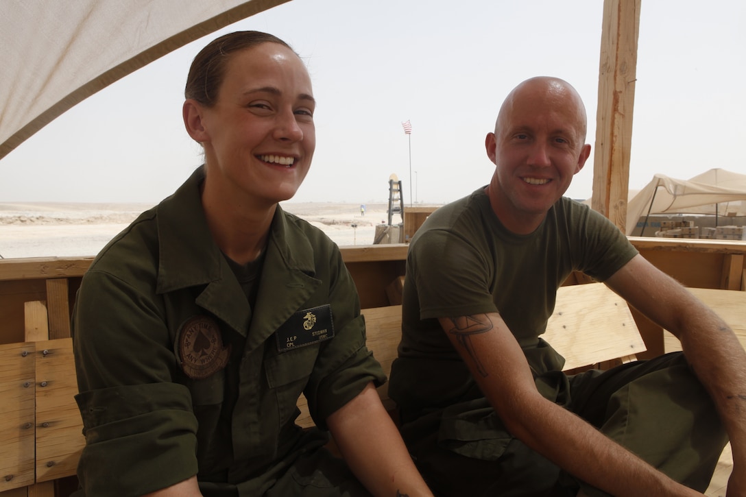 Cpl. Michael Stedman and Cpl. Jessica Stedman, both deployed with Marine Light Attack Helicopter Squadron 267 to Camp Bastion, Afghanistan, and recently celebrated their first anniversary. “Everyday’s a good day because I get to see my husband and know that he’s alive and healthy,” said Jessica, a native of De Pere, Wis., and an airframes and hydraulics mechanic for the squadron. “I don’t have to worry about him as much, like I would be doing if I was home.”