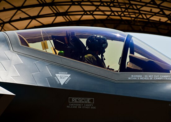 The Air Force’s first joint strike fighter pilot, Lt. Col. Eric Smith, of the 58th Fighter Squadron, taxis his squadron’s newest aircraft, the F-35 Lightning II, to its new home at Eglin Air Force Base, Fla., July 14.  (U.S. Air Force photo/Samuel King Jr.)