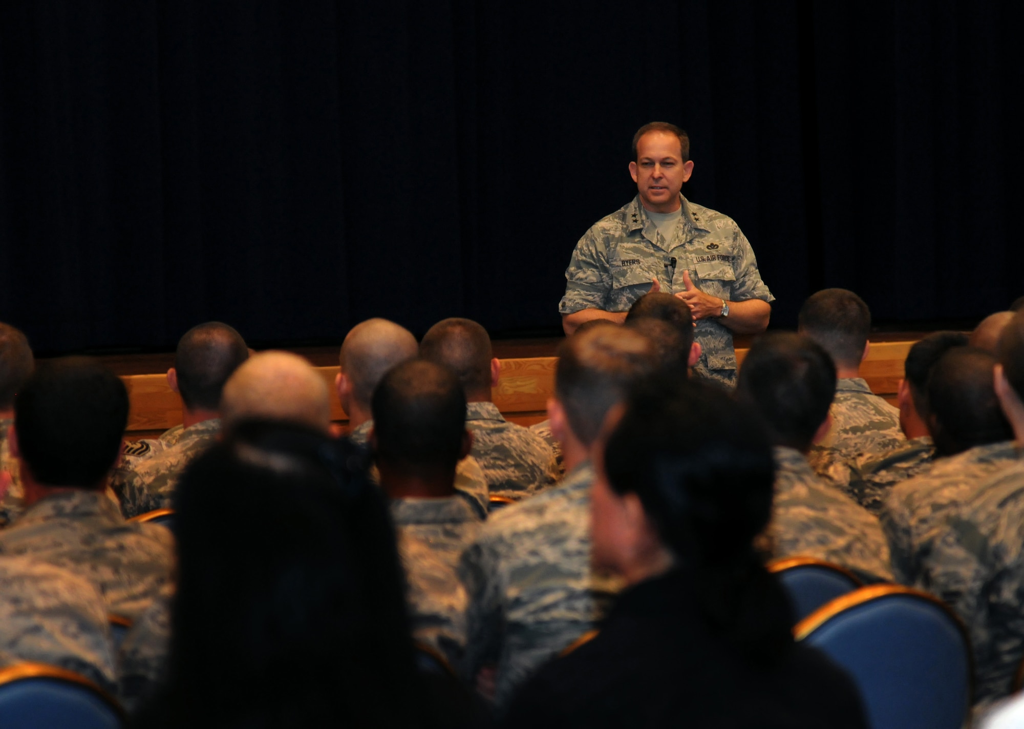 YOKOTA AIR BASE, Japan -- Maj. Gen. Timothy Byers, The Civil Engineer, visits with personnel from the 374th Civil Engineer Squadron during an Airman's Call at Yokota Air Base, Japan, July 12, 2011, to speak about civil engineer initiatives within the Air Force. General Byers visited Yokota during his tour through Pacific Air Forces. (U.S. Air Force photo/Airman 1st Class Krystal M. Garrett) 