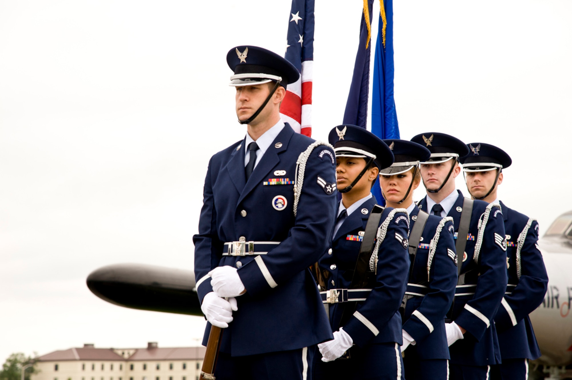 JOINT BASE ELMENDORF-RICHARDSON, Alaska -- The Joint Base Elmendorf-Richardson Honor Guard stands ready to present the colors, July 7, before the 3rd Maintenance Group change-of-command ceremony at Heritage Park. (U.S. Air Force photo/Johnathon Green)