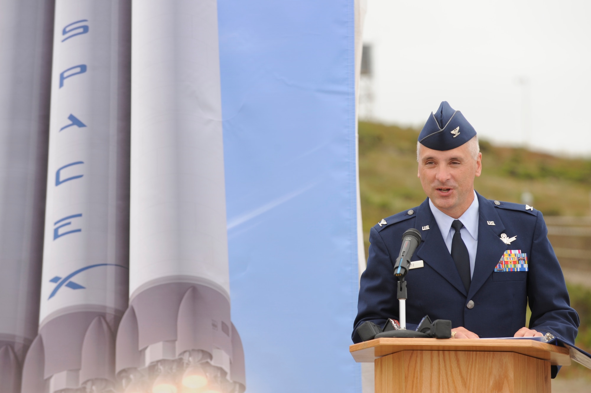 VANDENBERG AIR FORCE BASE, Calif. -- Col. Richard Boltz, the 30th Space Wing commander, speaks during the ground breaking ceremony at Space Launch Complex 4 East here Wednesday, July 14, 2011.  SpaceX has plans to launch their Falcon Heavy from Vandenberg in 2013.  (U.S. Air Force photo/Staff Sgt. Andrew Satran) 
 