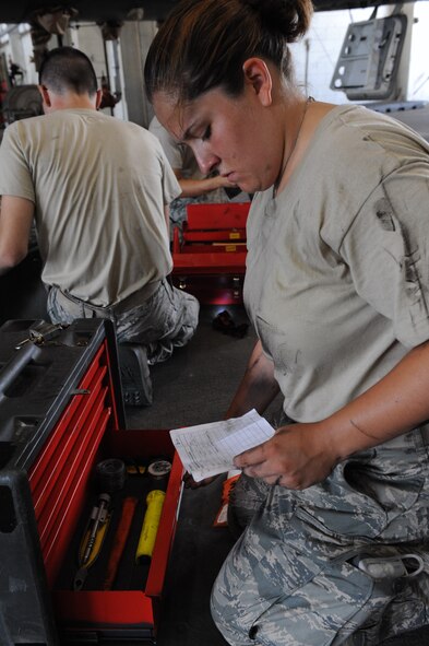 Airman 1st Class ReAnna Pierce, 2nd Maintenance Squadron, conducts a composite tool kit inventory in a hangar on Barksdale Air Force Base, La., July 14. The 2 MXS recently switched from a 350-hour phase inspection to a 450-hour phase inspection. The increase in phase hours allows more work to be completed without sacrificing quality. (U.S. Air Force photo/Airman 1st Class Micaiah Anthony)(RELEASED)