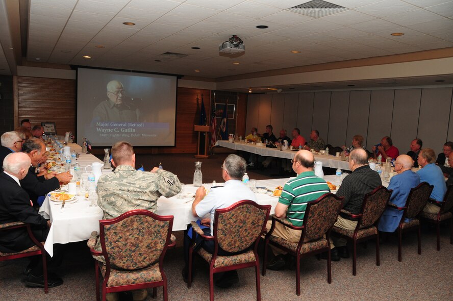 Former 148th Fighter Wing members along with other special guests attended a small luncheon in honor of the Minnesota Air National Guard's 90th Anniversary.  Maj. Gen. Wayne Gatlin (Ret.), former 148th Fighter Wing Commander was awarded the Brig. Gen. Ray Miller Spirit of Service Award during the luncheon.  (U.S. Air Force photo by Master Sgt. Ralph Kapustka/released)