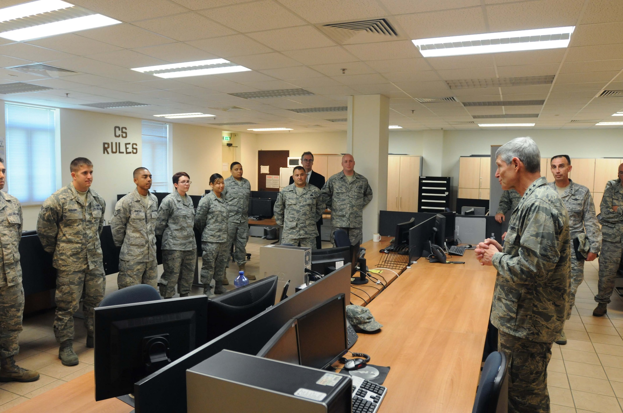 Air Force Chief of Staff Gen. Norton Schwartz talks with Airmen from the 31st Communications Squadron July 12, 2011, at Aviano Air Base, Italy.  Schwartz observed the 31st CS mission as part of his visit here.  (U.S. Air Force photo/Airman LaVel D. Sterling)
