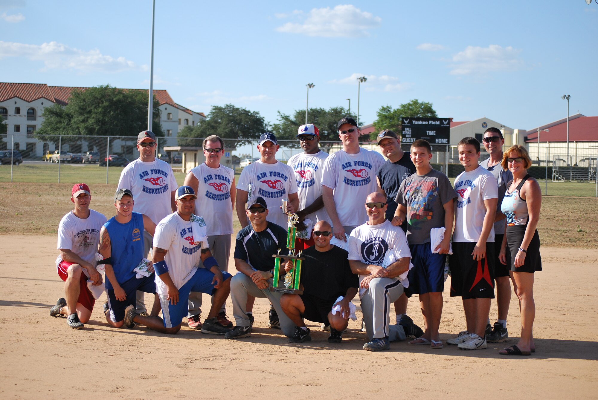 The Headquarters Air Force Recruiting Service intramural softball team
placed second in the Randolph Air Force Base championship July 13. The team
now qualifies for the Joint Base San Antonio tournament at Lackland AFB July
18, where they'll face Fort Sam Houston. (U.S. Air Force photo/Staff Sgt.
Hillary Stonemetz)
