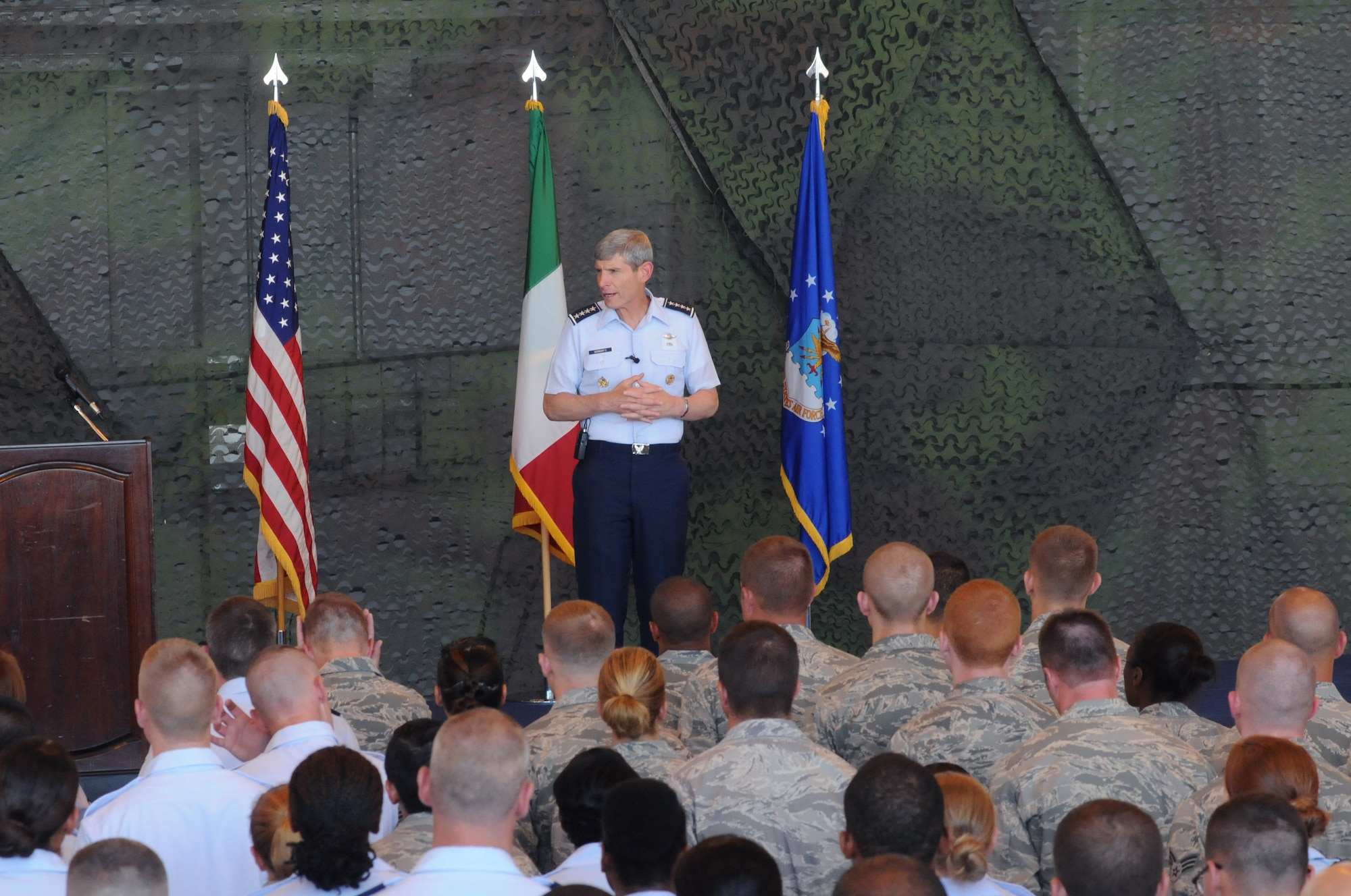 Air Force Chief of Staff Gen. Norton Schwartz addresses Airmen during an all call at Aviano Air Base, Italy, on July 11, 2011. The general and his wife Suzie were visiting Aviano to meet with Airmen and their families and observe the installation’s mission. During his remarks, the general praised 31st Fighter Wing personnel for their achievements in operations, deployments and inspections. (U.S. Air Force photo/Airman LaVel D. Sterling)