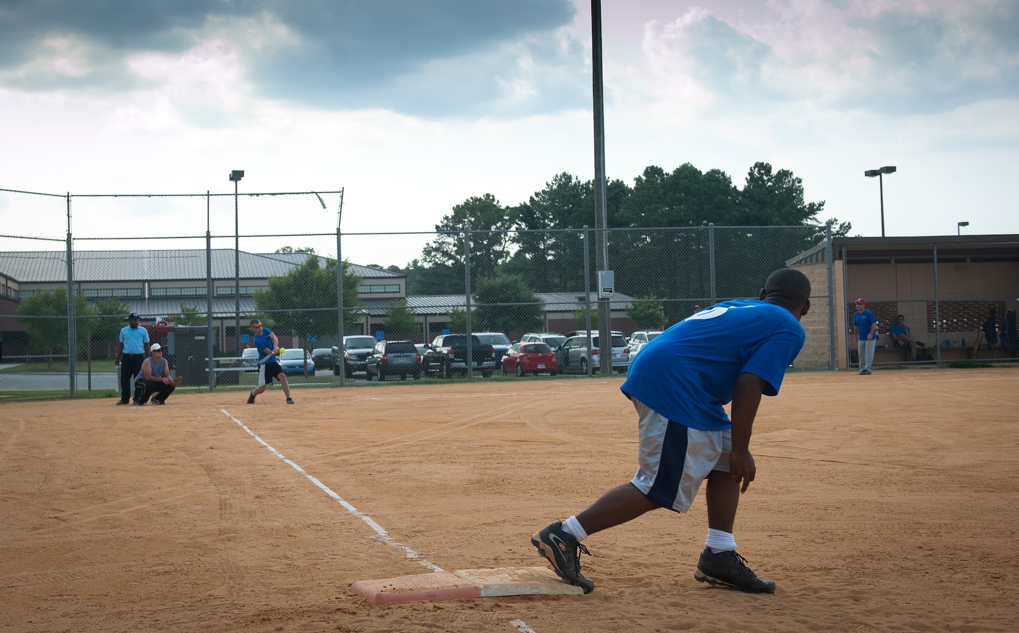 Airmen from the 23rd Wing go head-to-head against Airmen from the 23rd Civil Engineer Squadron during a tournament game at Moody Air Force Base, Ga., July 13, 2011. The 23rd Wing beat the 23rd CES in short innings with a score of 13-3. (U.S. Air Force photo by Airman 1st Class Joshua Green/Released)
