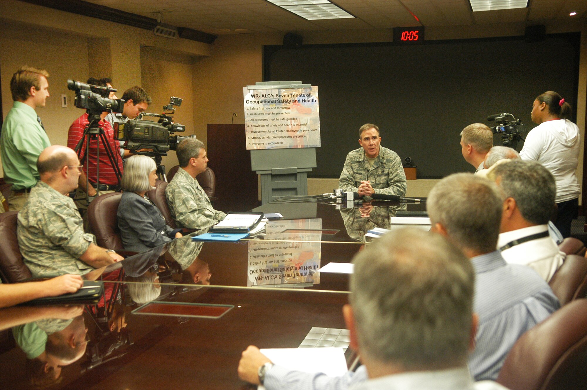 Maj. Gen. Robert McMahon, Warner Robins Air Logistics commander, updates members of the media Wednesday on the status of issues brought to light by Occupational Safety and Health Administration findings. U. S. Air Force photo by Sue Sapp