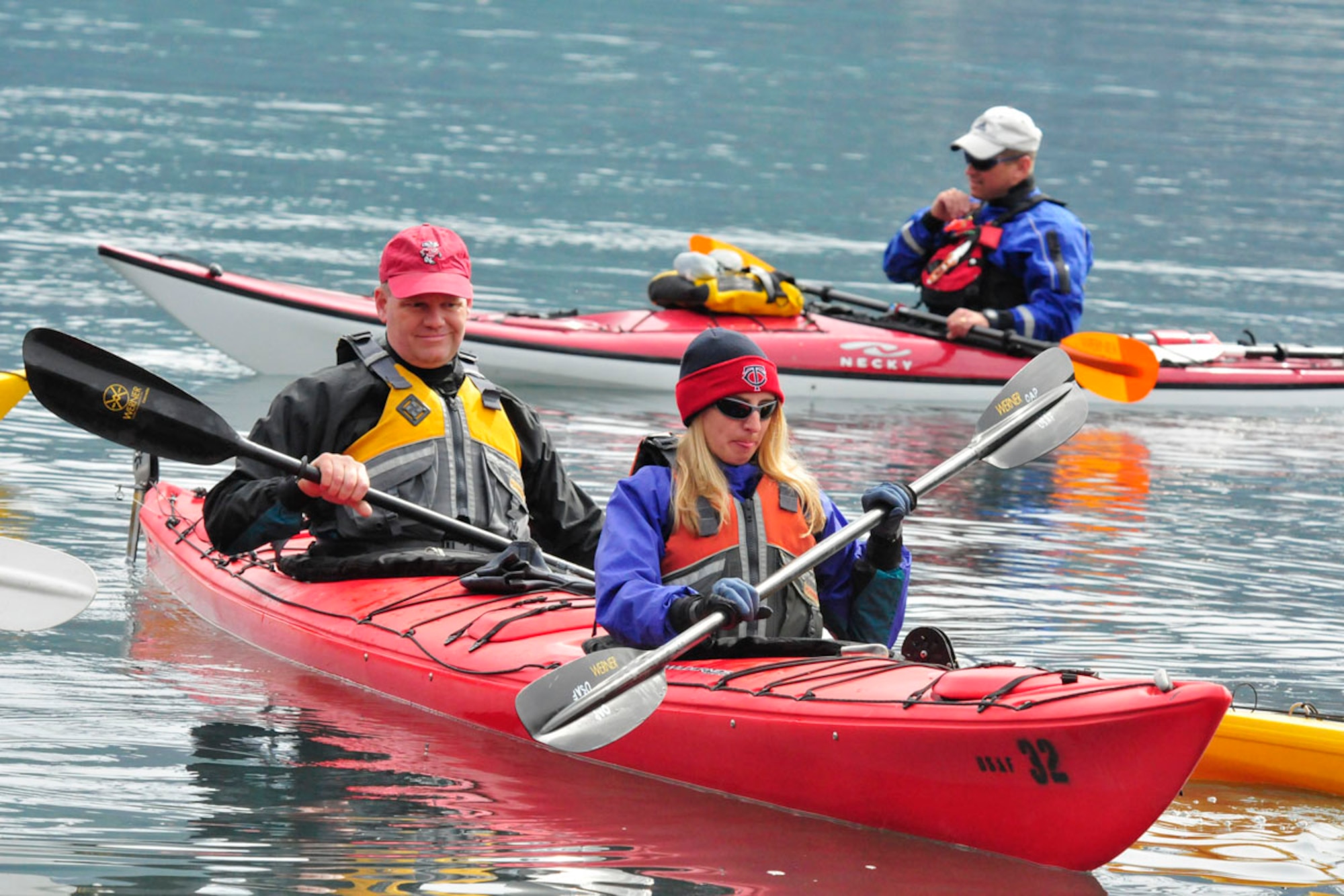Air Force Maj. Dan O’Conner and Air Force Capt. Missy Fale, both of the 96th Airlift
Squadron, Minneapolis Air Reserve Station, Minn., on temporary duty to Joint Base
Elmendorf-Richardson for Red Flag, start a four-mile kayak trip on Prince William Sound starting from Whittier. (U.S. Air Force photo/Steve White)