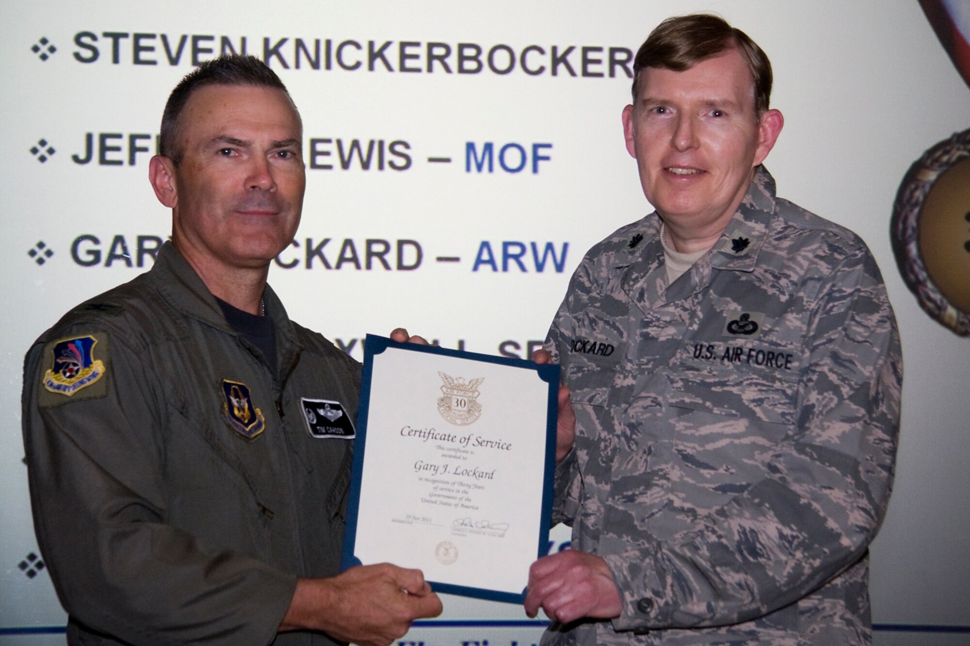 GRISSOM AIR RESERVE BASE, Ind. -- Lt. Col. Gary Lockard, 434th Air Refueling Wing public affairs chief, receives his certificate of recognition for completing 30 years of federal civil service from Col. William T. "Tim" Cahoon during a civilian commander's call held here recently. Cahoon is the 434th ARW commander. (U.S. Air Force photo/Tech. Sgt. Mark R. W. Orders-Woempner)
