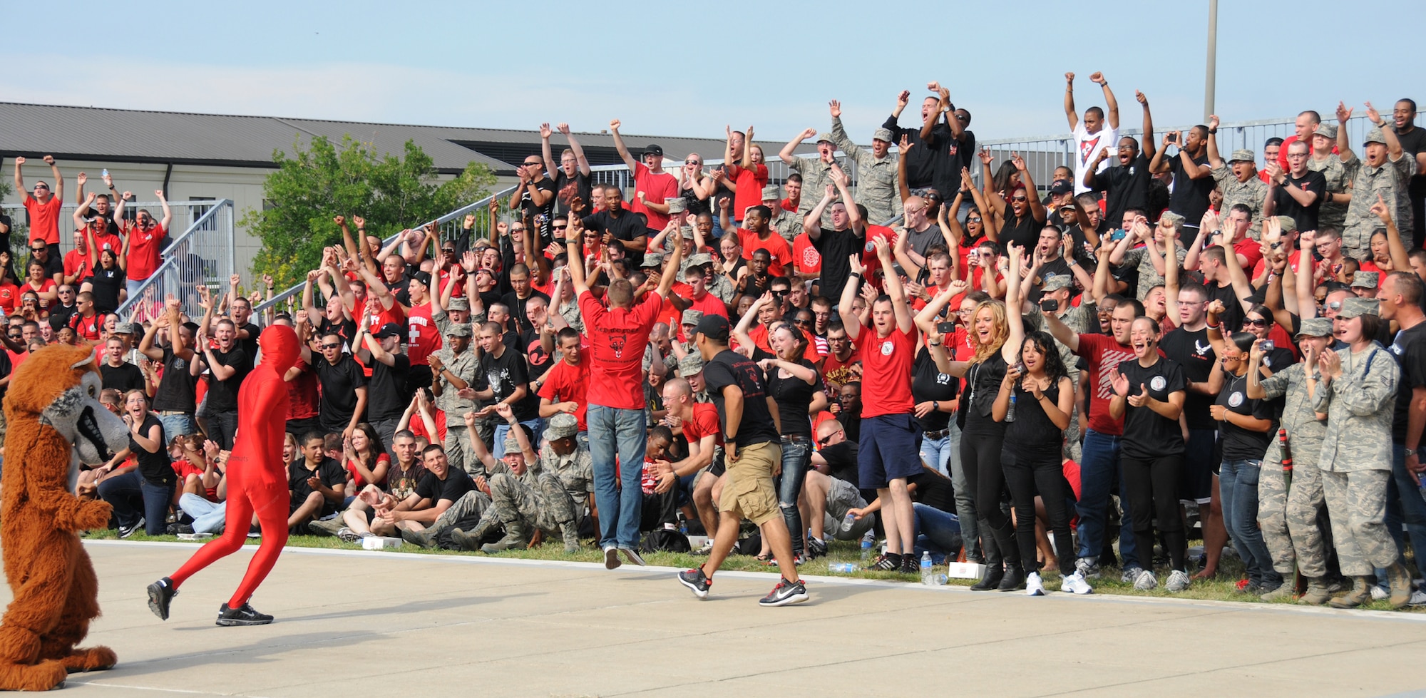 Members of the 336th Training Squadron cheer when their team was announced as the overall winner of Friday's drill down.  (U.S. Air Force photo by Kemberly Groue)