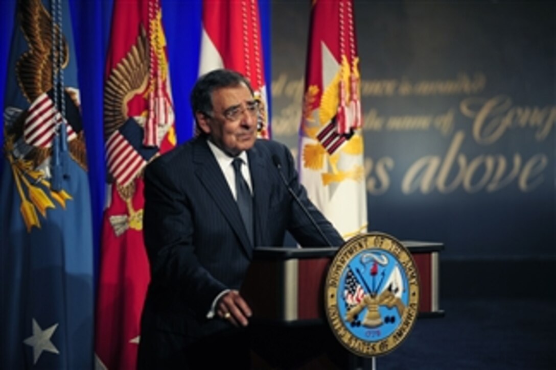Secretary of Defense Leon E. Panetta speaks at a ceremony honoring Medal of Honor recipient Sgt. 1st Class Leroy Petry as he is inducted into the Hall of Heroes in the Pentagon on July 13, 2011.  