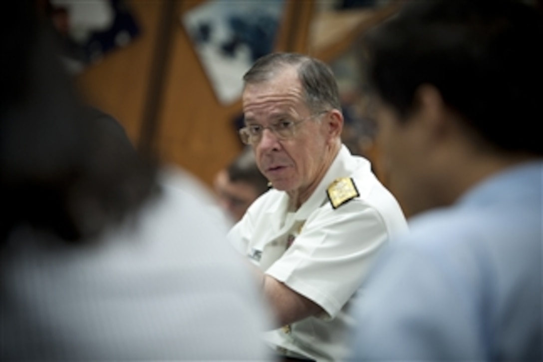 Chairman of the Joint Chiefs of Staff Adm. Mike Mullen addresses the media during a press roundtable at U.S. Army Garrison Yongsan, Seoul, South Korea, on July 14, 2011.  