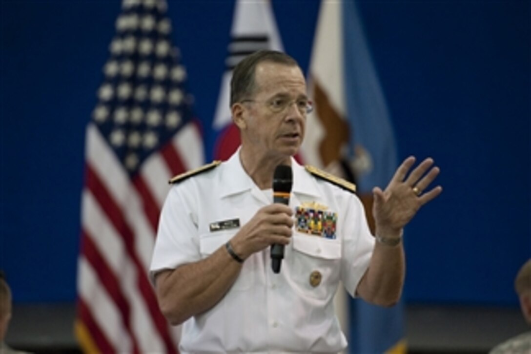 Chairman of the Joint Chiefs of Staff Adm. Mike Mullen addresses service members during an all hands call at U.S. Army Garrison Yongsan, Seoul, South Korea, on July 14, 2011.  