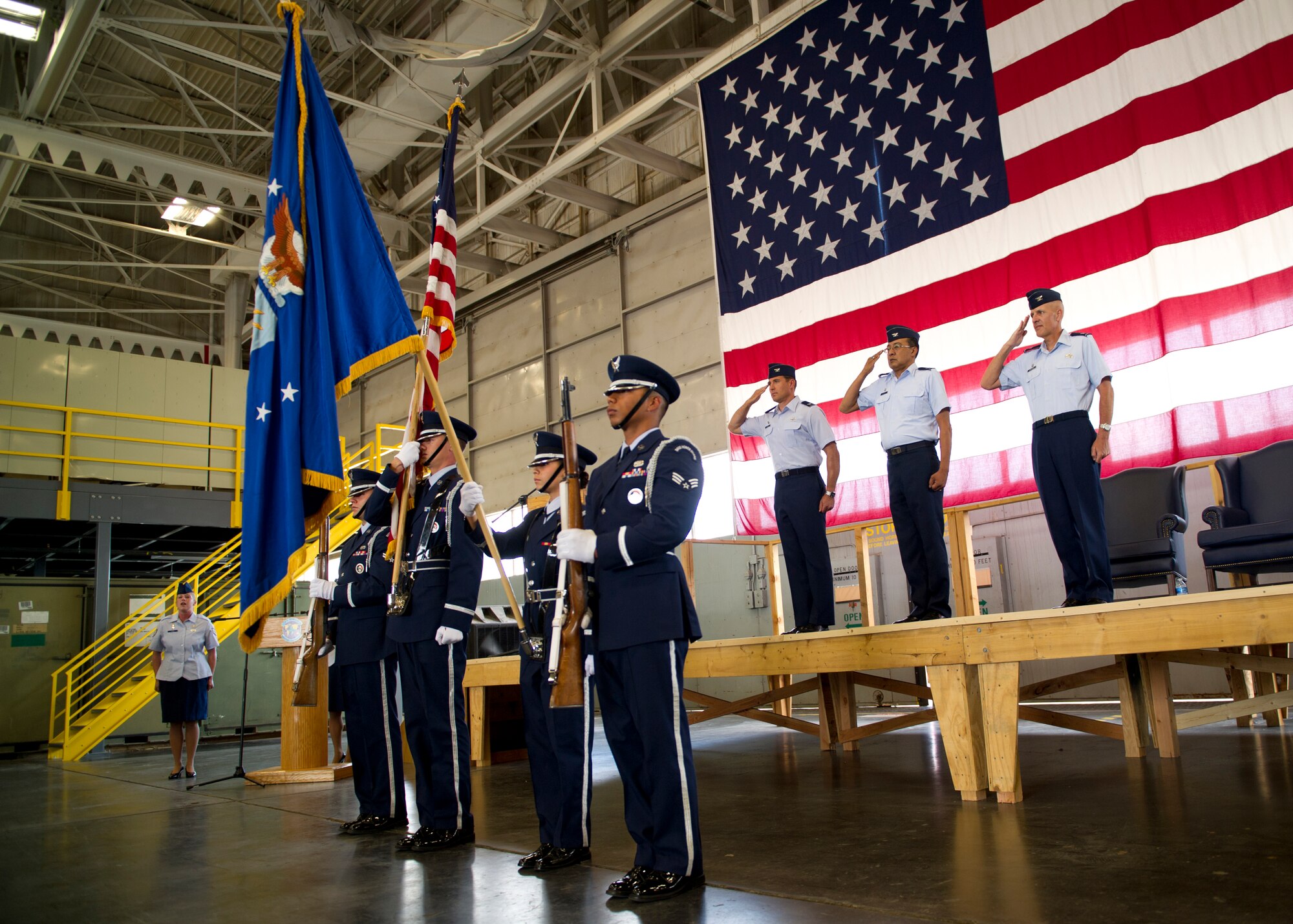 HOLLOMAN AIR FORCE BASE, N.M. -- Members of the Steel Talons Honor Guard present the colors July 14, 2011, during the 49th Materiel Maintenance Group change of command ceremony. Col. Masao Hendrix relinquished command of the 49th MMG to Col. James Krajewski. Prior to becoming the 49th MMG commander, Colonel Krajewski was the director of logistics and the assistant chief of staff, logistics, Air Component Command at Osan Air Base, Republic of Korea. (U.S. Air Force photo by Airman 1st Class Joshua Turner/Released)