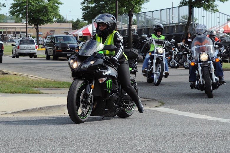 Riders participating in Motorcycle Safety Day at Joint Base Andrews, Md., depart on a group ride July 15, 2011.  As a part of the Air Force's Year of Motorcycle Safety, the event was held for riders on JBA to increase their awareness of the need to ride safely.  (U.S. Air Force photo/Senior Airman Torey Griffith)