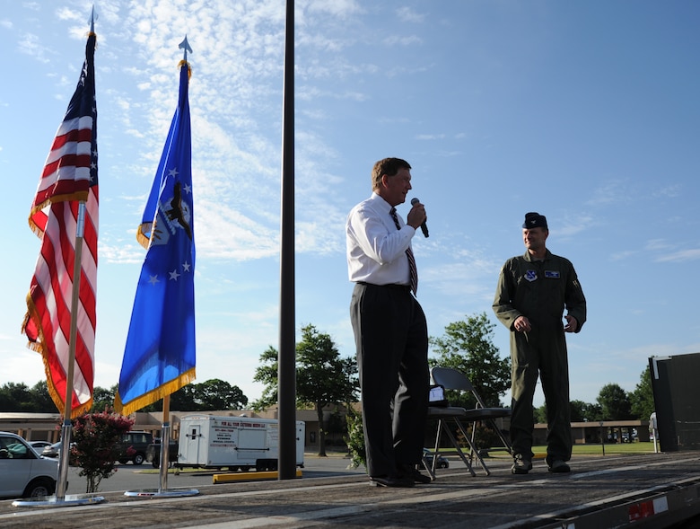 Terry A. Yonkers, assistant secretary of the Air Force for installations, environment and logistics, and Col. Ken Rizer, commander of the 11th Wing at Joint Base Andrews, Md., address motorcyclists at the JBA Motorcycle Safety Day July 15, 2011.  As a part of the Air Force's Year of Motorcycle Safety, the event was held for riders on JBA to increase their awareness of the need to ride safely.  (U.S. Air Force photo/Senior Airman Torey Griffith)