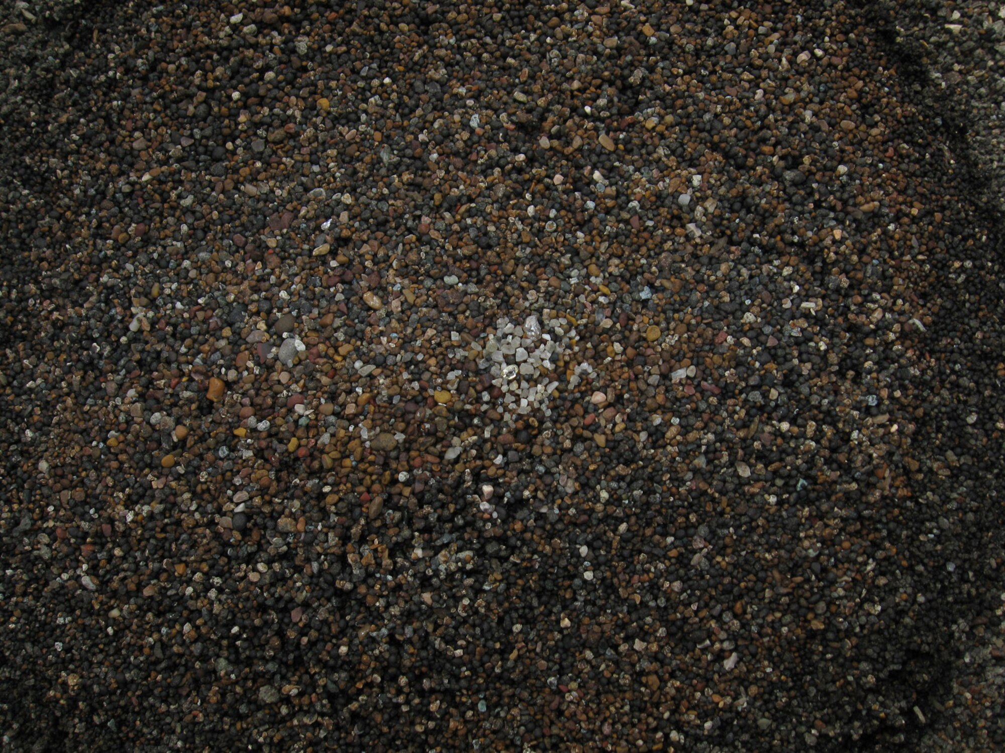 Two small diamonds are shown in the center of a pile of sediment that Rod Stewart screened at Crater of Diamonds State Park in Arkansas. Diamonds are found in the park soil on a regular basis; Stewart has found 16 since he started searching as a hobby about seven years ago. “It’s amazing how the light will shine off of them,” Stewart said. (Photo provided)