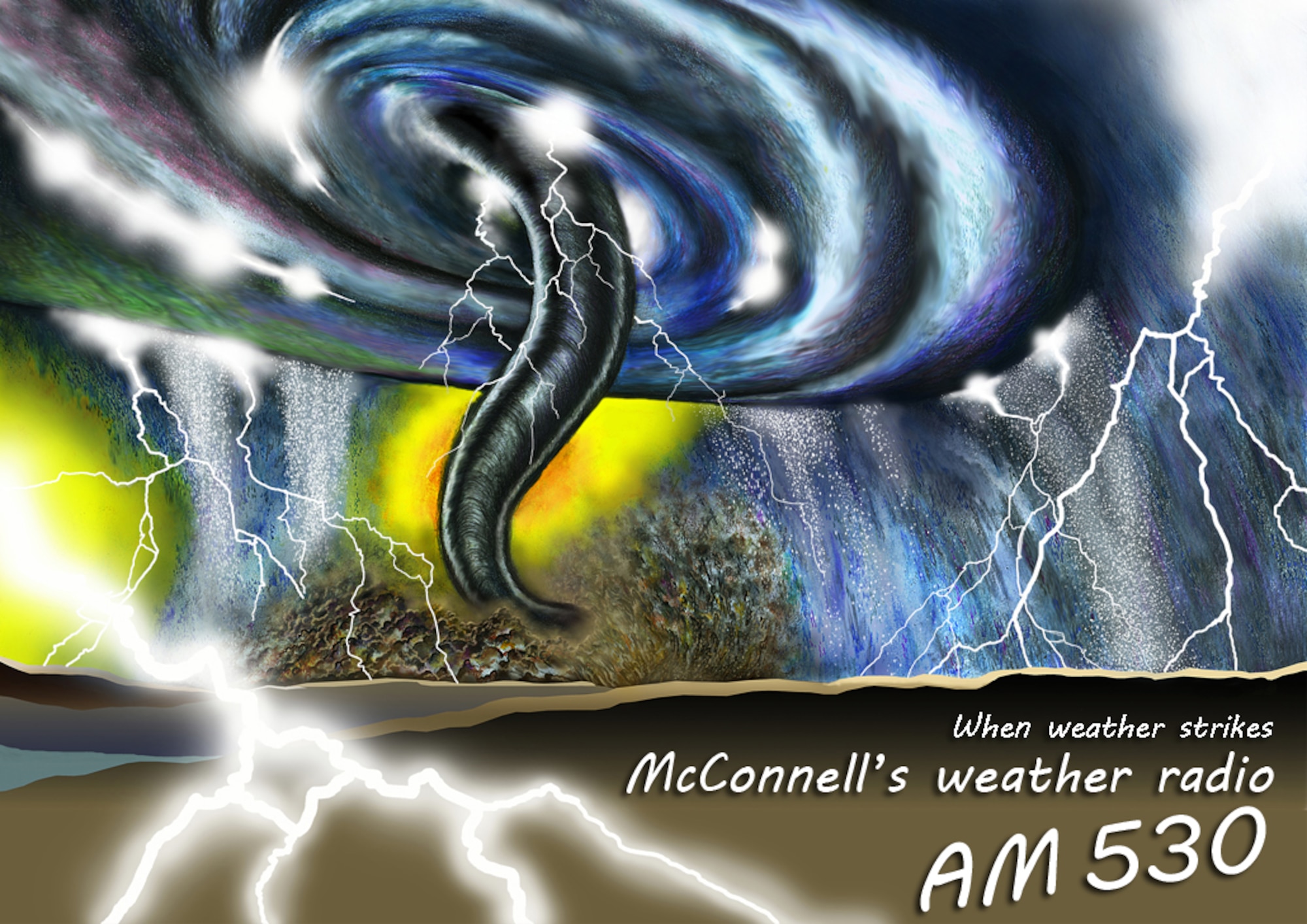 After more than two years of climbing up the Federal Communications Commission “channels,” McConnell is finally making ‘waves’ with 530 AM. The Information Advisory Station, specifically designed to target McConnell drivers, provides listeners with real-time weather and traffic updates.  (Illustration by Sammie W. King)
