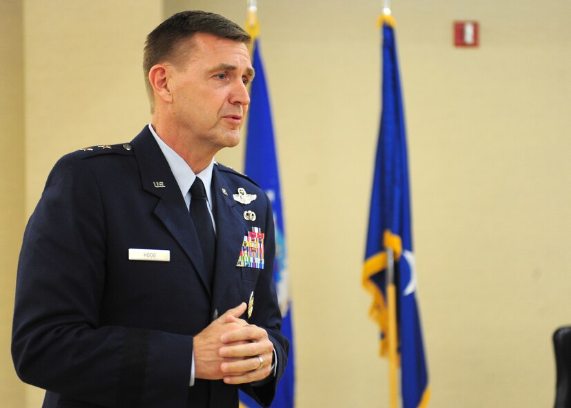 U.S. Air Force Maj. Gen. Stephen Hoog, 9th Air Force commander, speaks to the audience about the career and accomplishments of Col. John Horner, 93rd Air Ground Operations Wing commander, during a ceremony at Moody Air Force Base, Ga., July 14, 2011. Hoog was the presiding official for Horner’s promotion ceremony. (U.S. Air Force photo by Senior Airman Stephanie Mancha/Released)