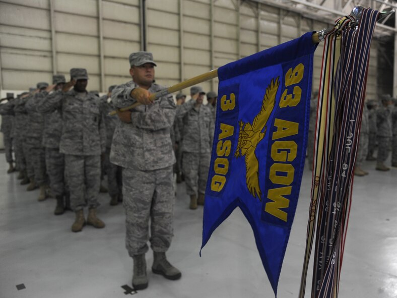 Squadrons from the 93rd Air Ground Operations Wing stand at attention as the playing of colors sounds.  Colonel Scott Kindsvater took command of the 93rd AGOW and is now responsible for more than 2,600 Battlefield Airmen at 15 locations across the continental United States. (U.S Air Force photo by Airman 1st Class Paul Francis/Released)