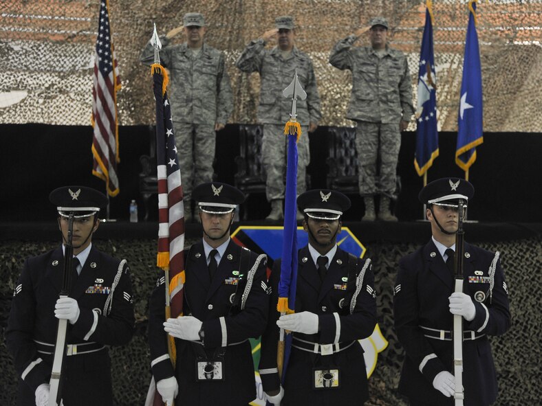 The Moody Air Force Base Honor Guard presents the colors at the 93rd Air Ground Operations Wing change of command July 12, 2011. The change of command ceremony is a tradition that occurs when an outgoing commander relinquishes command to the incoming commander. (U.S Air Force photo by Airman 1st Class Paul Francis/Released)