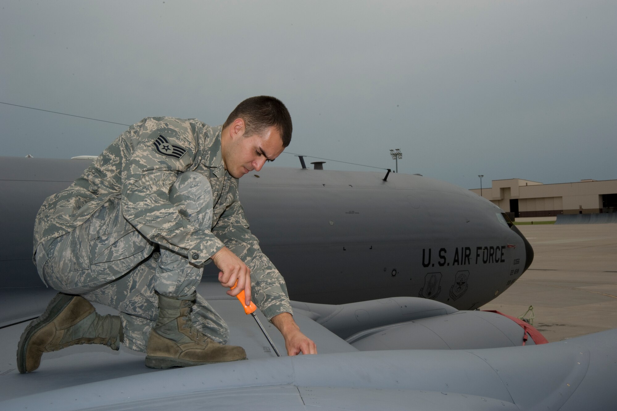 Staff Sgt. Jason Lanehart, 22nd Aircraft Maintenance Squadron RODEO Aerospace Maintenance journeyman, prepares to inspect the inside of a KC-135 wing July 6, 2011 McConnell Air Force Base, Kan.  Sergeant Lanehart, along with 23 Airmen are part of the RODEO team. RODEO is an Air Mobility Command Competition designed to test mobility Airmen’s skills.  (U.S. Air Force photo/Airman 1st Class Armando A. Schwier-Morales)