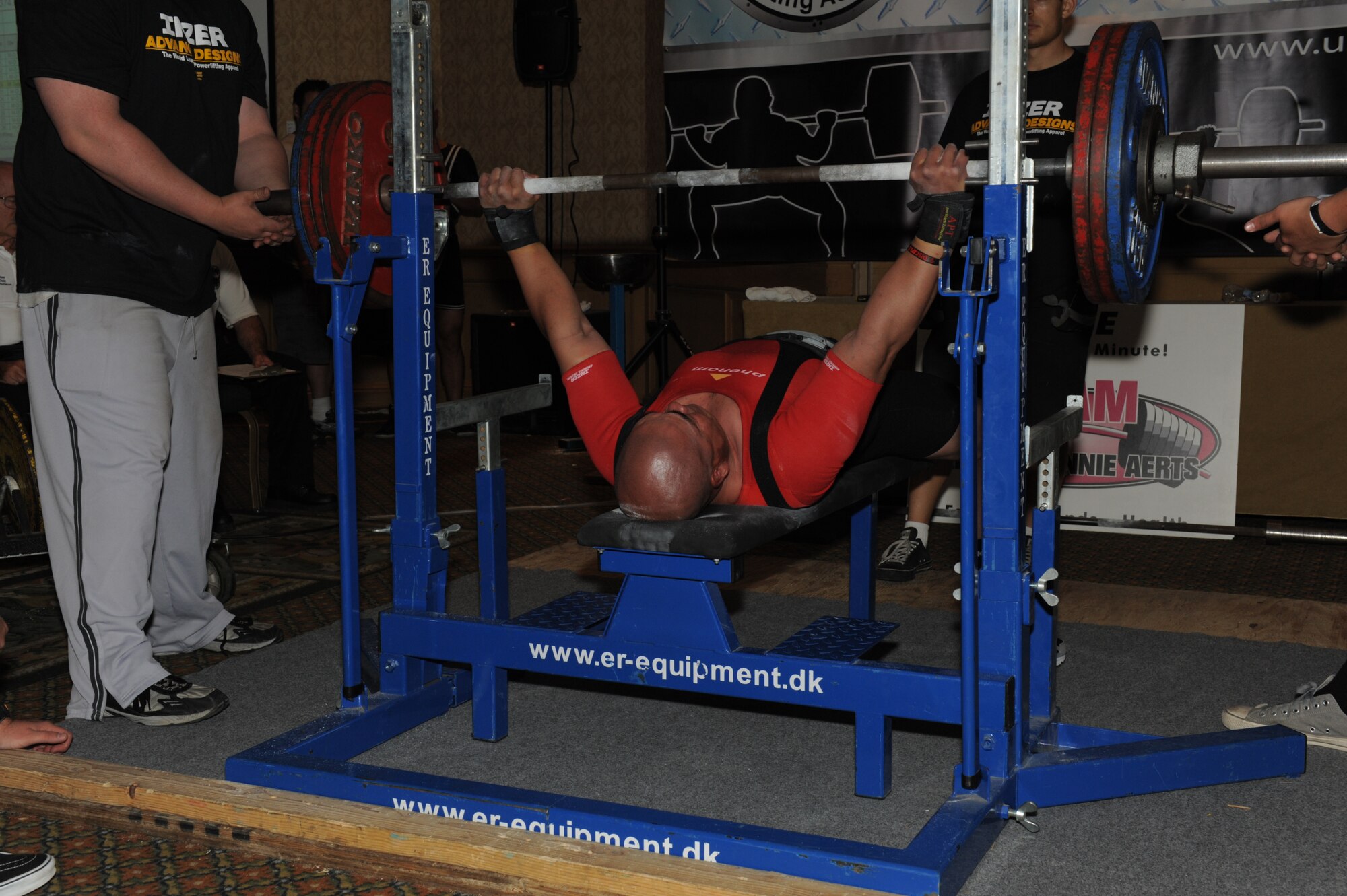 U.S. Air Force Tech. Sgt. Rudy Garcia, 99th Ground Combat Training Squadron NCO in charge of combat arms, bench-presses 375 pounds during the United States Powerlifting Association National and Military National Powerlifting Championships held July 1-3, 2011, in Costa Mesa, Calif.  During the championships, Garcia set a new USPA American record when he squatted 480 pounds while competing in the 181-pound Full Power Submaster Division for 35- to 39-year-olds.  (Courtesy Photo)