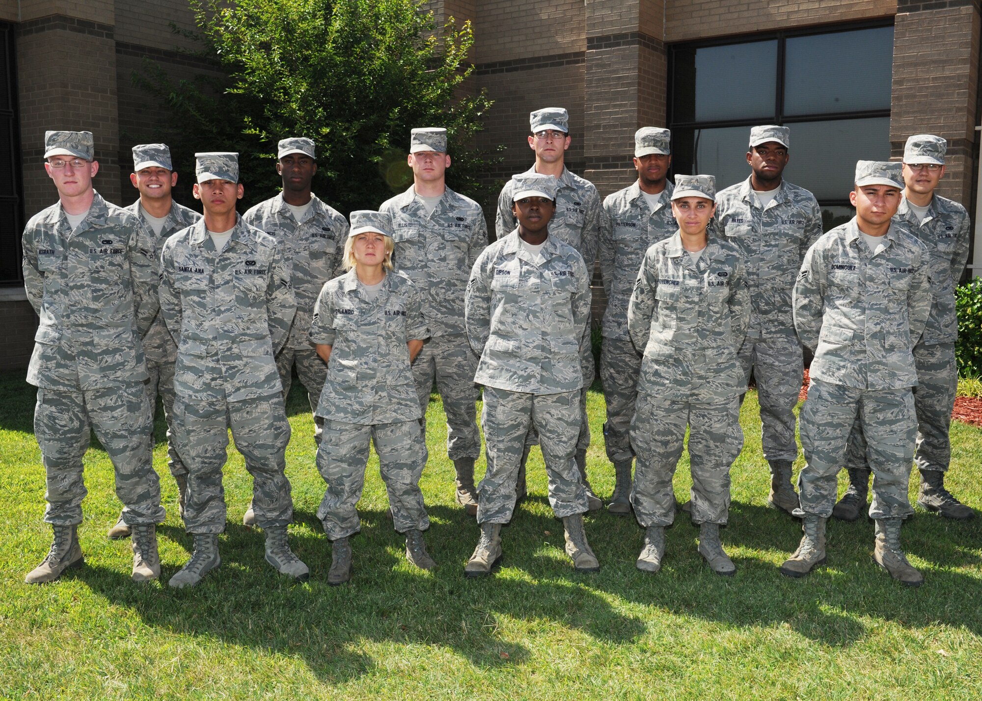 Congratulations to Team McConnell's newest First Term Airman's Center graduates who completed FTAC July 8, 2011, McConnell Air Force Base, Kan.  Front row: Airman 1st Class Colin McGrath, Daryl Santa Ana, Lacy Orlando, Alaina Gipson, Kelsey Provencher and Jose Dominguez. Back Row: Airman 1st Class Joshua Whitney, Kamar Francis, Harlon Ellis, Andres Gonzalez, Gershon Patterson, Eric Hayes and Adam Netzel. (U.S. Air Force photo/Staff Sgt. Michael Schocker)