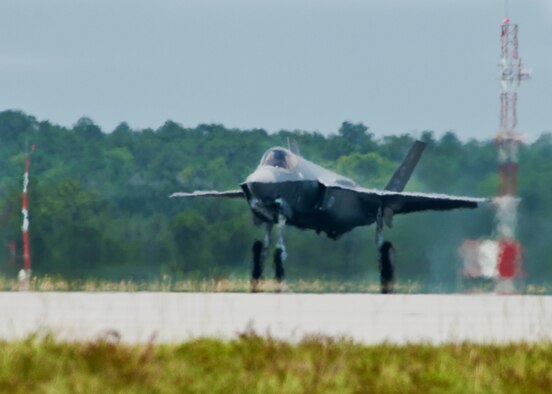 The F-35 Lightning II joint strike fighter touches down at its new home, the 33rd Fighter Wing July 14 at Eglin Air Force Base, Fla.  (U.S. Air Force photo/Samuel King Jr.)



